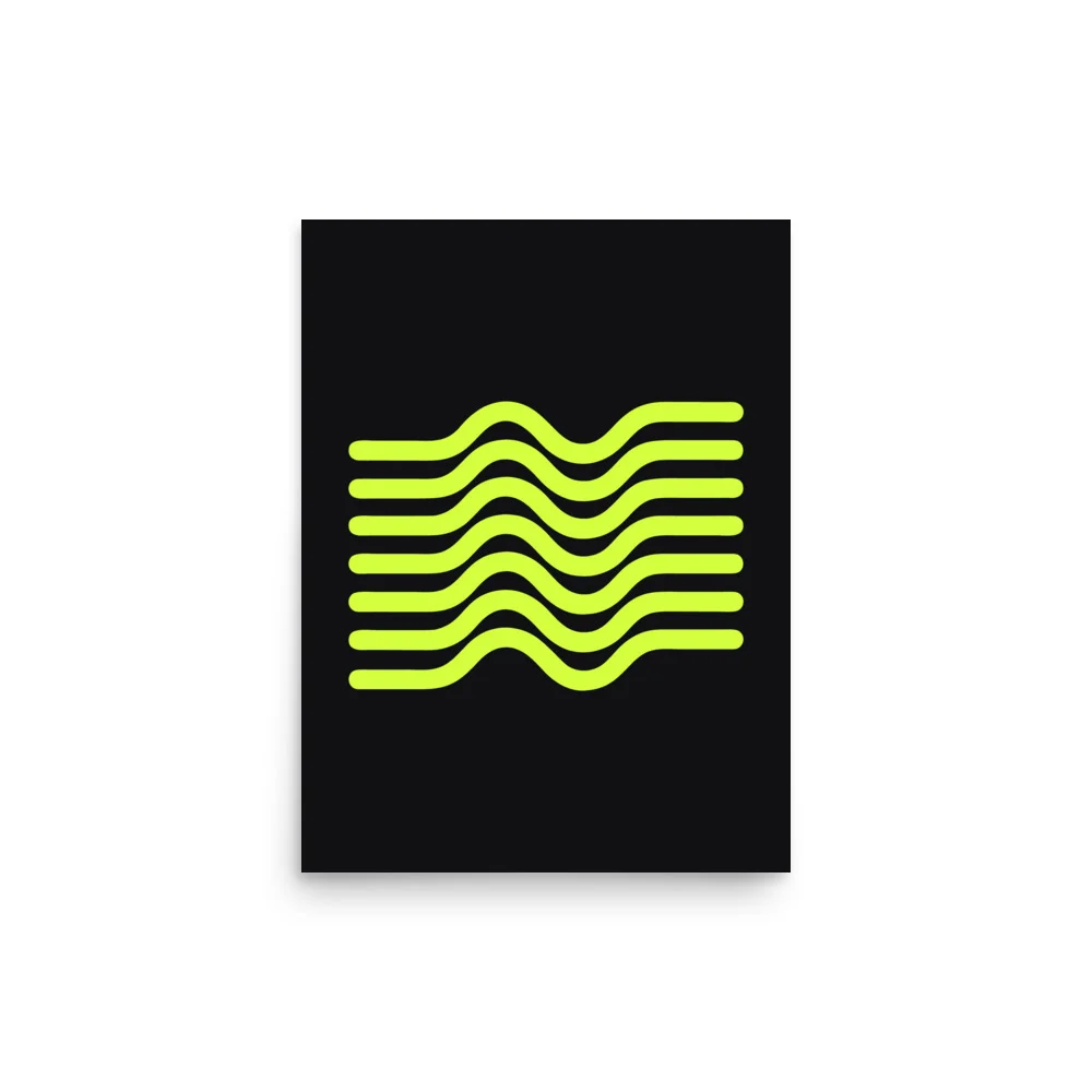 Field, seven straight lines put through one sine period, printed in lime on black matte paper and framed.