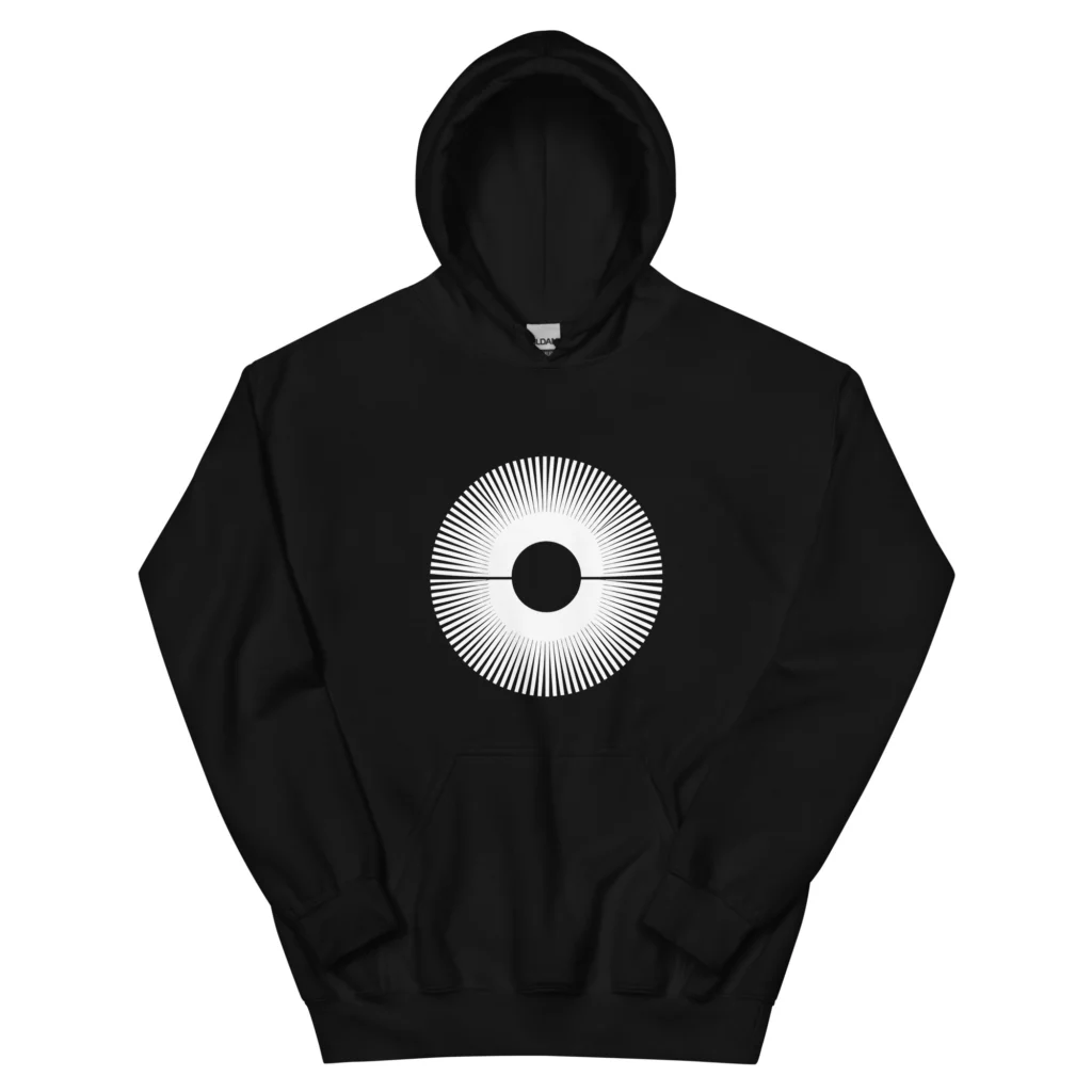 Pulse, evenly spaced lines squeezed together and pulled apart in one wave, printed on a black hoodie.