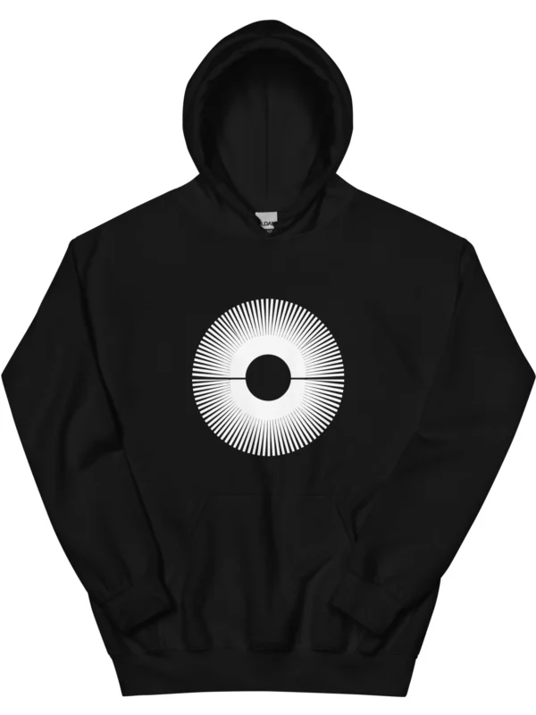 Pulse, evenly spaced lines squeezed together and pulled apart in one wave, printed on a black hoodie.