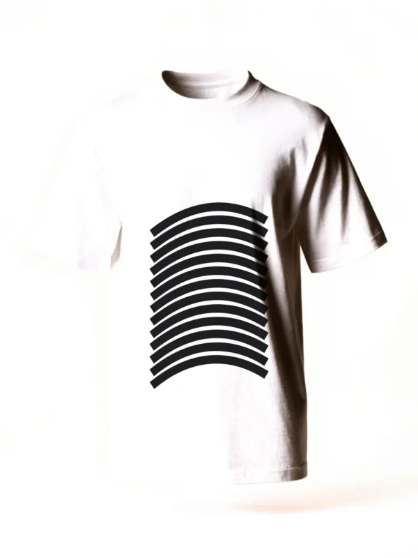Bend, a grid of straight rules curved through the middle, printed on a white t-shirt.