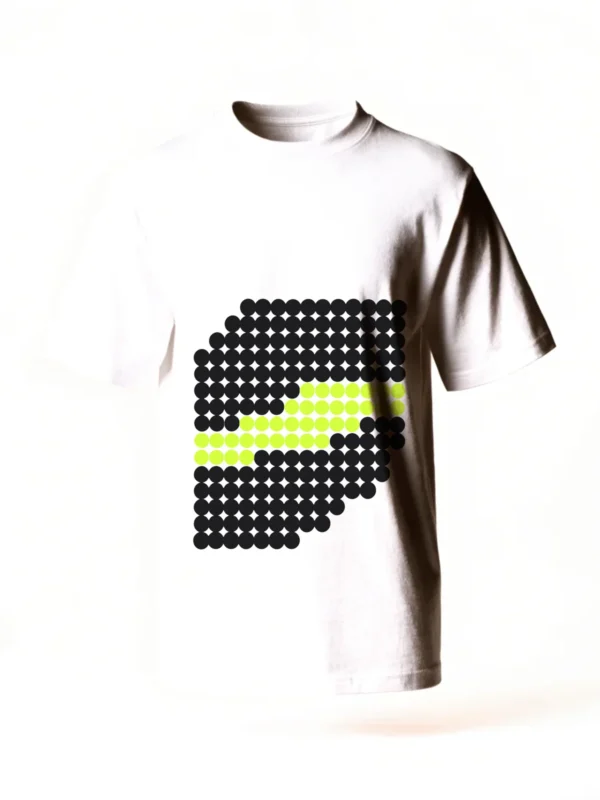 Drift, a tight dot grid whose rows slip further out of alignment, printed on a white t-shirt.