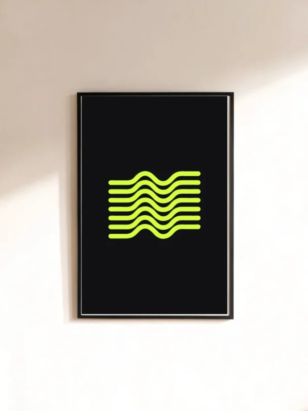 Field, seven straight lines put through exactly one sine period, printed in lime on black matte paper.