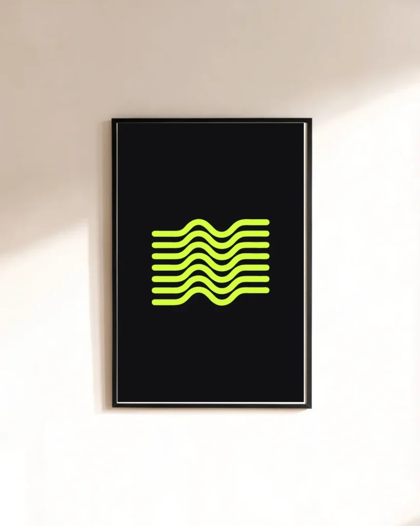 Field, seven straight lines put through one sine period, printed in lime on black matte paper and framed.