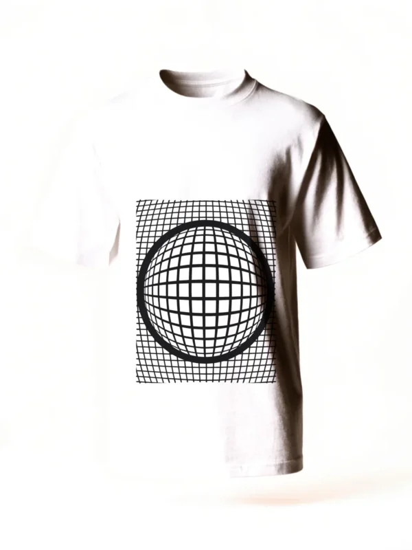Lens, a dot grid magnified through an invisible circle, printed on a white t-shirt.