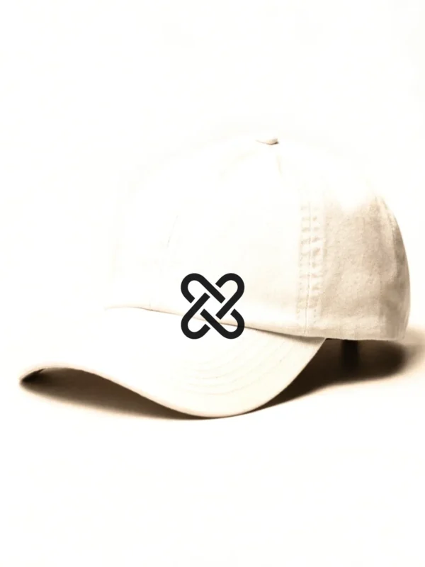 Loop, one continuous line crossing itself four times, stitched flat on a white cap.