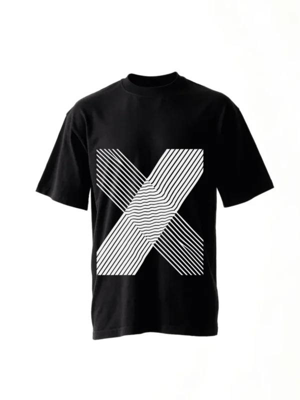 Moire, two fine line grids overlaid a few degrees apart, printed on a black t-shirt.