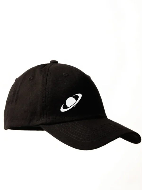 Orbit, a single ring pulled off-centre, stitched flat on a black cap.