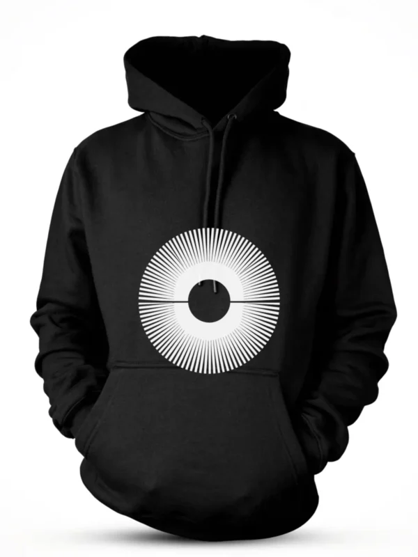 Pulse, evenly spaced lines squeezed together and pulled apart in one wave, printed on a black hoodie.