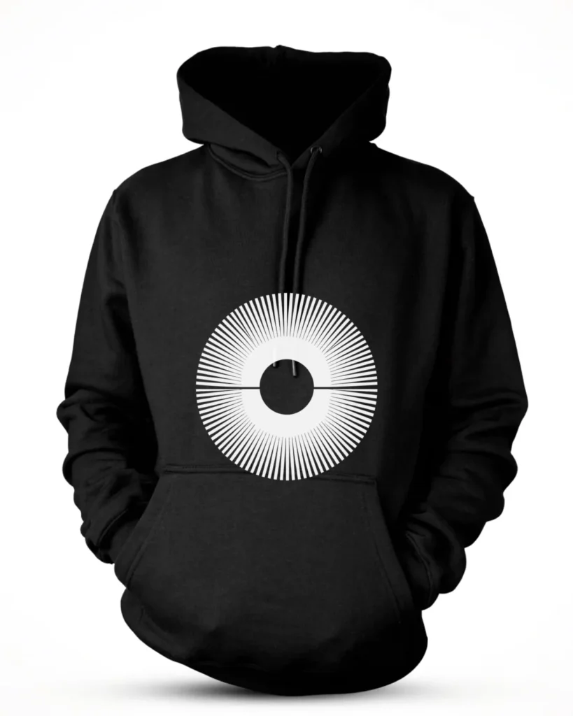 Pulse, evenly spaced lines squeezed together and pulled apart in one wave, printed on a black hoodie.