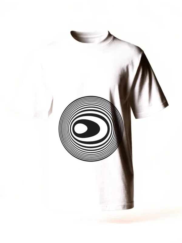 Ripple, concentric rings travelling out from one corner, printed on a white t-shirt.