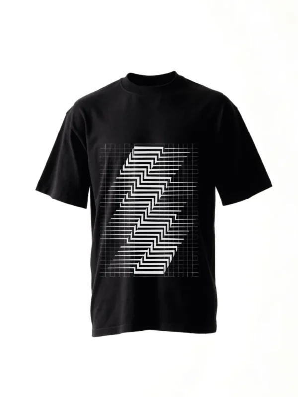 Shear, a stack of bars sliced on the diagonal, each pushed further sideways, printed on a black t-shirt.