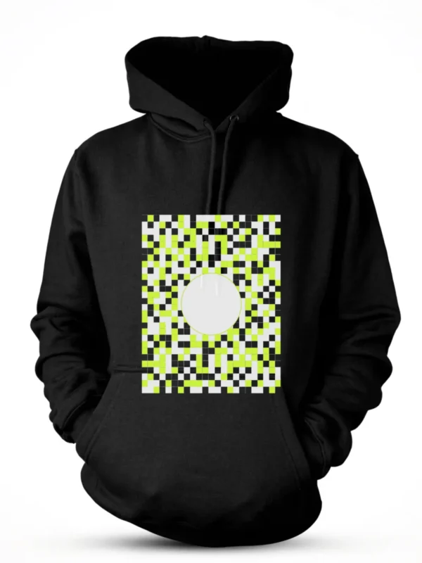 Static, a clean grid interrupted by bands of noise, printed on a black hoodie.