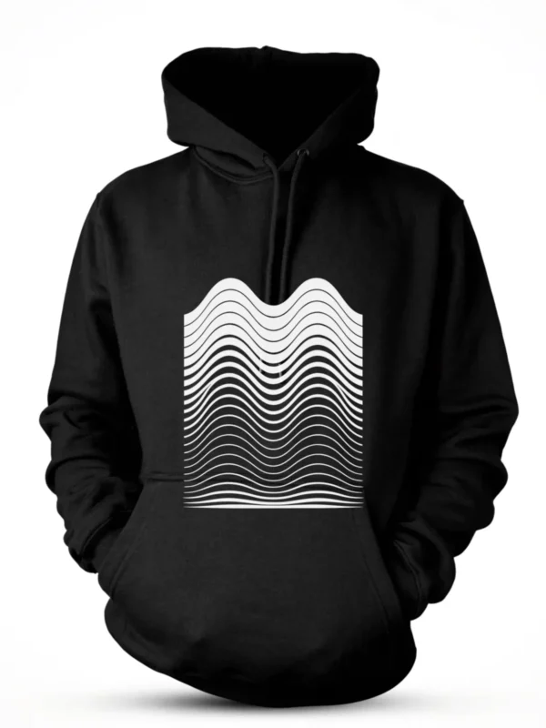 Tide, long parallel curves stacked like a swell, printed on a black hoodie.