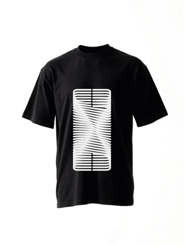 Twist, a column of bands, each rotated further than the one above, printed on a black t-shirt.